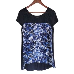 Pixley Short Sleeve Top Black with Blue Abstract Print Women’s Medium